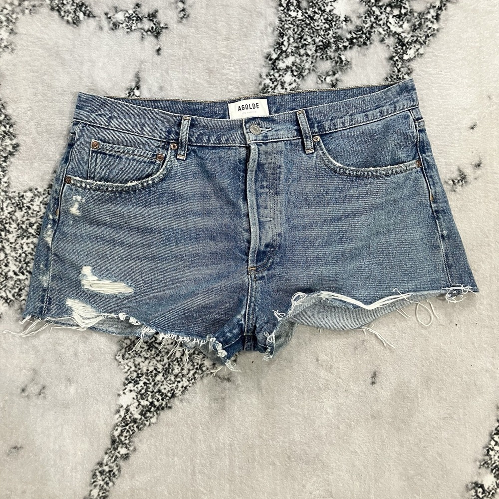 AGOLDE Parker Distressed Denim Shorts Light Wash Raw Hem Organic Cotton 31‎